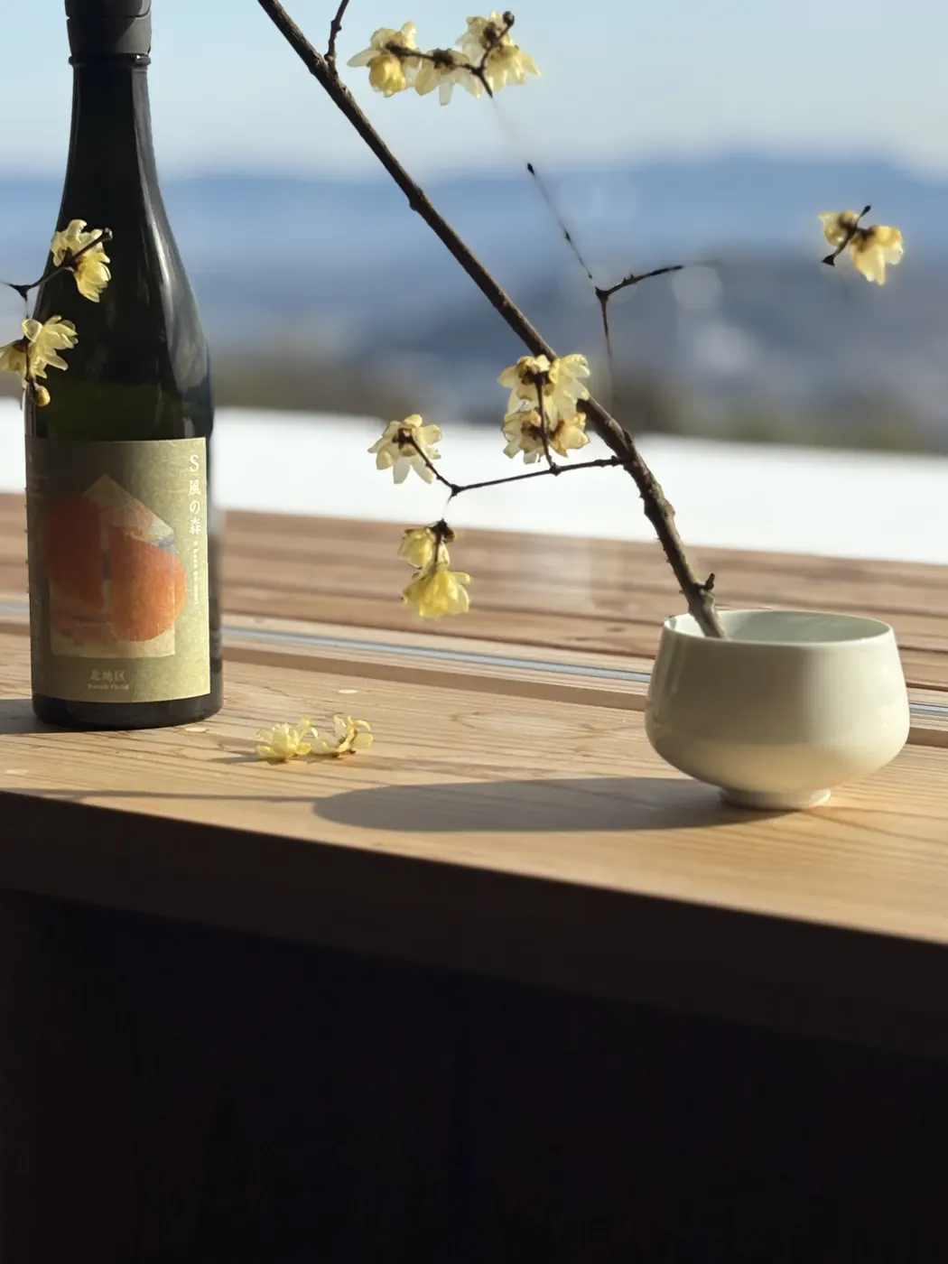 奈良の酒蔵で。窓辺の木のカウンターに、酒瓶と蝋梅の枝が生けられている